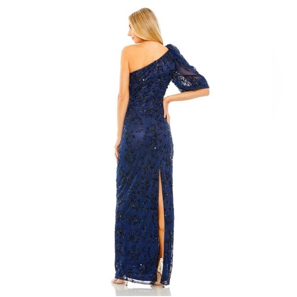 MAC DUGGAL 5912 NWT Navy One Shoulder Puff Sleeve Embellished Column Gown - Picture 3 of 7